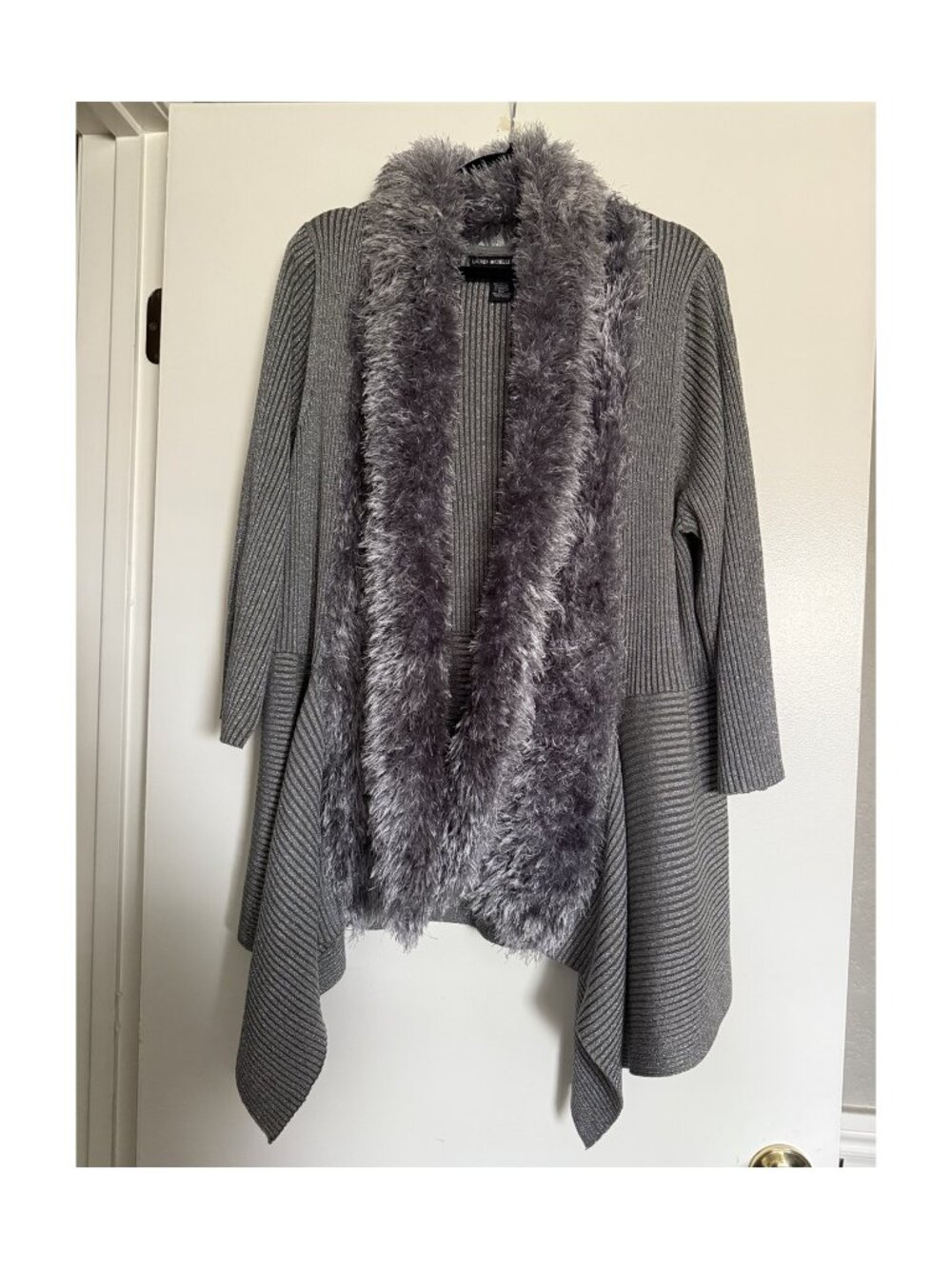 Lauren Michelle Woman 2X Gray Metallic Faux Fur Open Front Cardigan